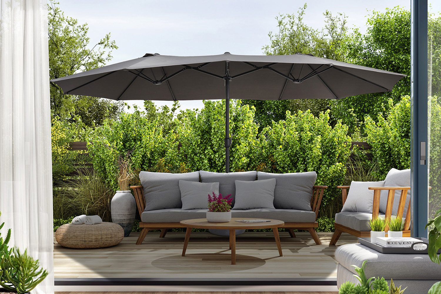 KOMFOTTEU Dubbele Parasol 460x260 Cm – Groot Schaduwdoek Met Zwengel, 12 Stevige Baleinen, Geschikt Voor Tuin, Terras, Balkon Of Strand